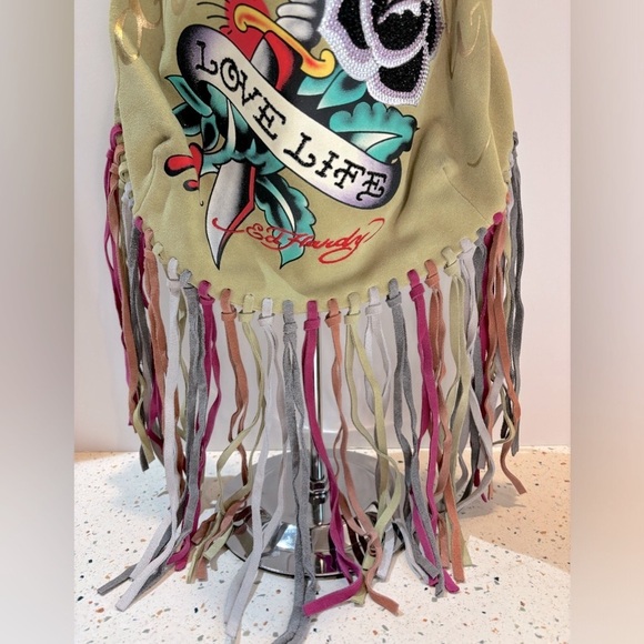 Y2K Ed Hardy LOVE Green Leather‎ Suede Fringe Shoulder Handbag with Crystal Rose - Picture 6 of 15